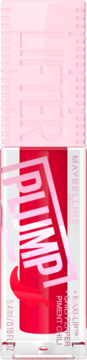 Czerwony błyszczyk Maybelline Lifter Plump 004 Red Flag w przezroczystym opakowaniu, widok z przodu.