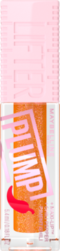 Błyszczyk Maybelline Lifter Plump 008 Hot Honey, pomarańczowy, brokatowy, z chili, w przezroczystej tubce, widok z przodu.