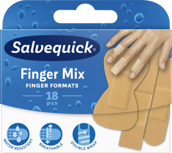 Salvequick Finger Mix: niebieskie opakowanie z 18 elastycznymi plastrami na palce w różnych rozmiarach, wodoodporne.