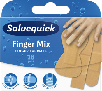 Salvequick Finger Mix: niebieskie opakowanie z 18 elastycznymi plastrami na palce w różnych rozmiarach, wodoodporne.