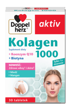 Opakowanie Doppelherz aktiv Kolagen 1000, suplement na włosy i skórę z Q10, biotyną, miedzią, manganem.