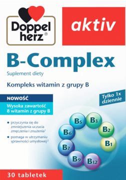 Biało-niebieskie pudełko Doppelherz aktiv B-Complex, suplementu z 8 witaminami B, wspiera energię i umysł, widok przód.