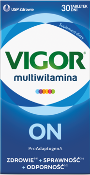 Vigor multiwitamina ON, niebiesko-białe opakowanie suplementu diety dla mężczyzn, widok z przodu.