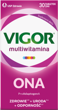 Vigor multiwitamina ONA dla kobiet, różowe pudełko 30 tabletek, wspiera zdrowie i urodę, widok z przodu.