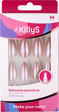 Front opakowania sztucznych paznokci KillyS Long Almond, perłowo-różowe, widoczne przez okno.