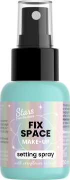 Turkusowy spray utrwalający makijaż Stars from the stars Fix Space 50ml, z ekstraktem z bławatka, widok z przodu.