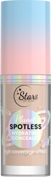 Korektor nawilżający Stars Planet Spotless w transparentnej butelce, beżowy płyn, pastelowy korek ombre błękit/róż.