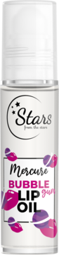 Przezroczysty olejek do ust Stars Mercure Bubble Gum, cylindryczna butelka z różowo-fioletowymi ustami, widok z przodu.