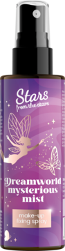 Stars from the stars Dreamworld mysterious mist make-up fixing spray w fioletowej butelce z bajkowym wzorem, widok z przodu.