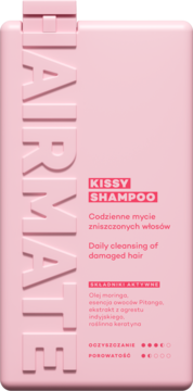 Hairmate Kissy Shampoo w różowej butelce, przód z wytłoczonym logo HAIRMATE, do włosów zniszczonych.