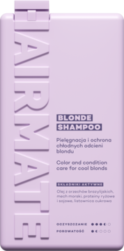 Fioletowy szampon Hairmate Blonde w prostokątnej butelce, widok z przodu, z wytłoczonym logo.