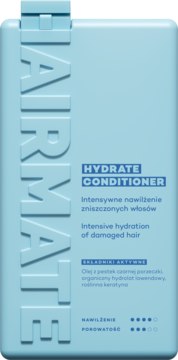 Jasnoniebieska butelka odżywki Hairmate Hydrate do włosów zniszczonych, widok z przodu, z napisem Intensive hydration.