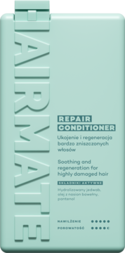 Hairmate Repair Conditioner dla włosów zniszczonych, jasnozielona butelka z wytłoczonym logo Hairmate, widok z przodu.