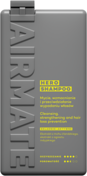 Szampon Hairmate Hero wzmacniający włosy, szara butelka z żółtym tekstem, widok z przodu, zapobiega wypadaniu.