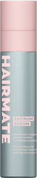 Hairmate Sacrum Serum do włosów, butelka cylindryczna z różową nakrętką i szaroniebieskim korpusem, widok z przodu.