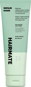 Zielona tubka maski Hairmate Repair do włosów suchych i zniszczonych, z czarnym napisem, widok z przodu.
