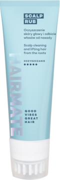 Hairmate Scalp Rub peeling do skóry głowy w jasnoniebieskiej tubce z białą zakrętką, widok od frontu.