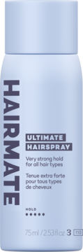 HAIRMATE Ultimate Hairspray w jasnoniebieskiej butelce z rozpylaczem, widok z przodu, bardzo mocne utrwalenie, 75 ml.