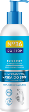 N°36 Humektantowa maska do stóp w białej butelce z pompką, 97% składników naturalnych, widok z przodu.