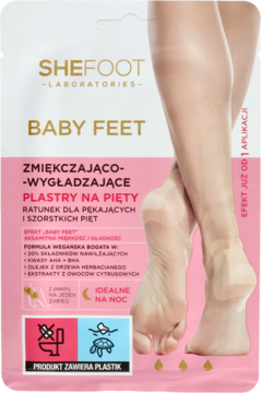 SheFoot Baby Feet Plastry na Pięty, zmiękczające, w różowo-białej saszetce z ilustracją stóp, widok z przodu.