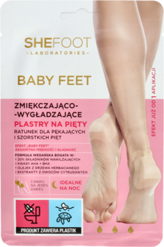 SheFoot Baby Feet Plastry na Pięty, zmiękczające, w różowo-białej saszetce z ilustracją stóp, widok z przodu.