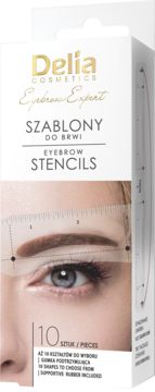 Białe pudełko Delia Eyebrow Expert z szablonami do brwi. Kobieta używa elastycznego szablonu, 10 kształtów.