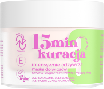 Biała maska OnlyBio Hair Cycling, intensywnie odżywcza, 15min kuracja, z różowymi i zielonymi detalami, widok z przodu.