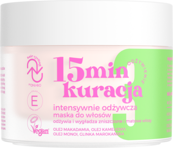 OnlyBio 15min kuracja, intensywnie odżywcza maska do włosów, biały słoik z różowym napisem i zielonym wzorem.