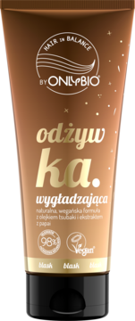 OnlyBio Hair in Balance wygładzająca odżywka w brązowej tubie, złote napisy, formuła z tsubaki, widok z przodu.