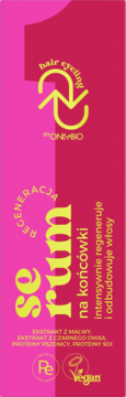 Różowe regenerujące serum OnlyBio Hair Cycling na końcówki, pionowe opakowanie z żółtymi napisami i logo Vegan.