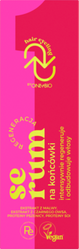 Różowe serum OnlyBio Hair Cycling Regeneracja na końcówki. Widok z przodu, z napisem 'serum' i składem.