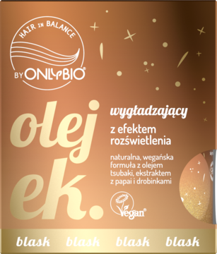 Olejek OnlyBio Hair in Balance wygładzający z efektem rozświetlenia. Pomarańczowe opakowanie ze złoceniami.