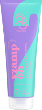 Nawilżający szampon OnlyBio Hair Cycling w fioletowo-turkusowej tubce, widok z przodu, z napisem 'szamp on'.