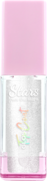 Top coat do ust Stars from The Stars Glossphere 02: przezroczysta butelka z brokatem, różowa nakrętka. Widok z przodu.