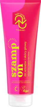 Różowa tubka szamponu Onlybio Regeneracja do włosów i skóry głowy, dwukolorowa, widok z przodu, wegański.