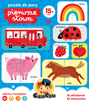 Zestaw edukacyjnych puzzli Czuczu Pierwsze słowa 15+ z kolorowymi ilustracjami: bus, świnia, tęcza, koń.