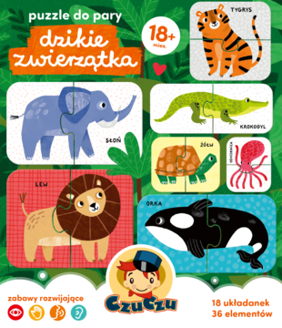 Puzzle Czuczu Dzikie Zwierzątka, 18+ m-cy. Widok na kolorowe elementy układanek zwierząt: lew, słoń, tygrys.