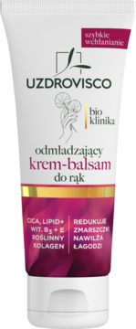 Uzdrovisco Bioklinika odmładzający krem-balsam do rąk w białej tubce, różowo-złota etykieta, widok z przodu.
