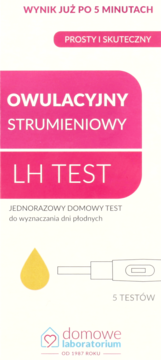 Opakowanie Domowe Laboratorium Owulacyjny Strumieniowy LH Test, biało-różowe, widok z przodu, 5 testów.