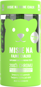 Zielony pojemnik Misie na Fajne Ciałko, suplement diety w żelkach z chromem, widok z przodu.