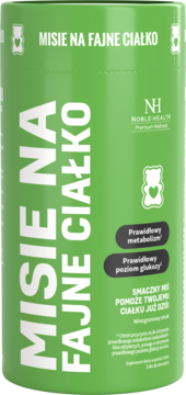 Suplement diety Noble Health Misie na Fajne Ciałko, zielona butelka, żelki na metabolizm i glukozę, widok z przodu.