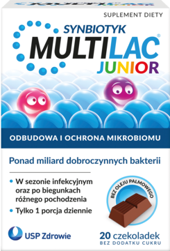 Multilac Junior Synbiotyk, suplement diety z miliardem bakterii, 20 czekoladek bez cukru. Widok z przodu.