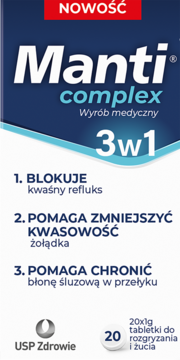Manti Complex 3w1, wyrób medyczny na refluks. Granatowe opakowanie, 20 tabletek, widok z przodu.