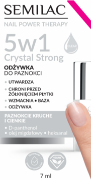 Semilac 5w1 Crystal Strong odżywka do kruchych paznokci 7ml, przezroczysta butelka, ręka z aplikacją.
