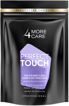 Fioletowa gąbka do makijażu Perfect Touch 4 More Care, wielofunkcyjna, w czarnym opakowaniu, widok z przodu.