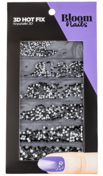 Otwarte czarne pudełko Bloom Nails 3D HOT FIX z błyszczącymi kryształkami do stylizacji paznokci, różne rozmiary.