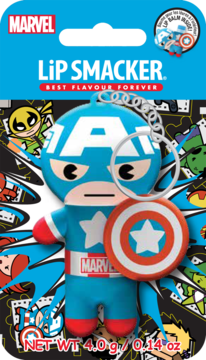Marvel Lip Smacker Captain America lip balm keychain in blue and black packaging, front view.