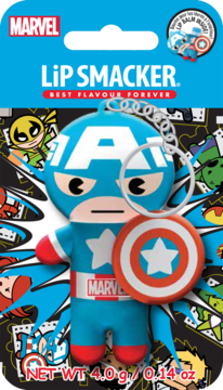 Marvel Lip Smacker Captain America lip balm keychain in blue and black packaging, front view.