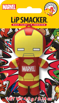 Brelok Lip Smacker Marvel Iron Man balsam do ust, czerwono-złoty Iron Man na żółtym opakowaniu.