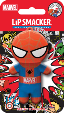 Marvel Lip Smacker Spider-Man lip balm keychain, red/blue character on packaging. Flavor: Amazing Pomegranate.